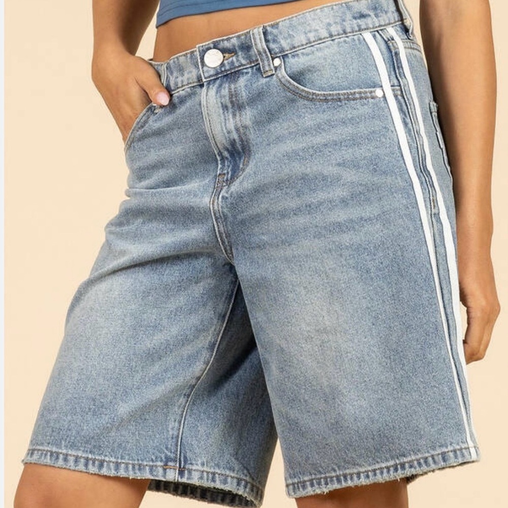 Women's Light Blue Denim Bermuda Shorts with White Side Stripes